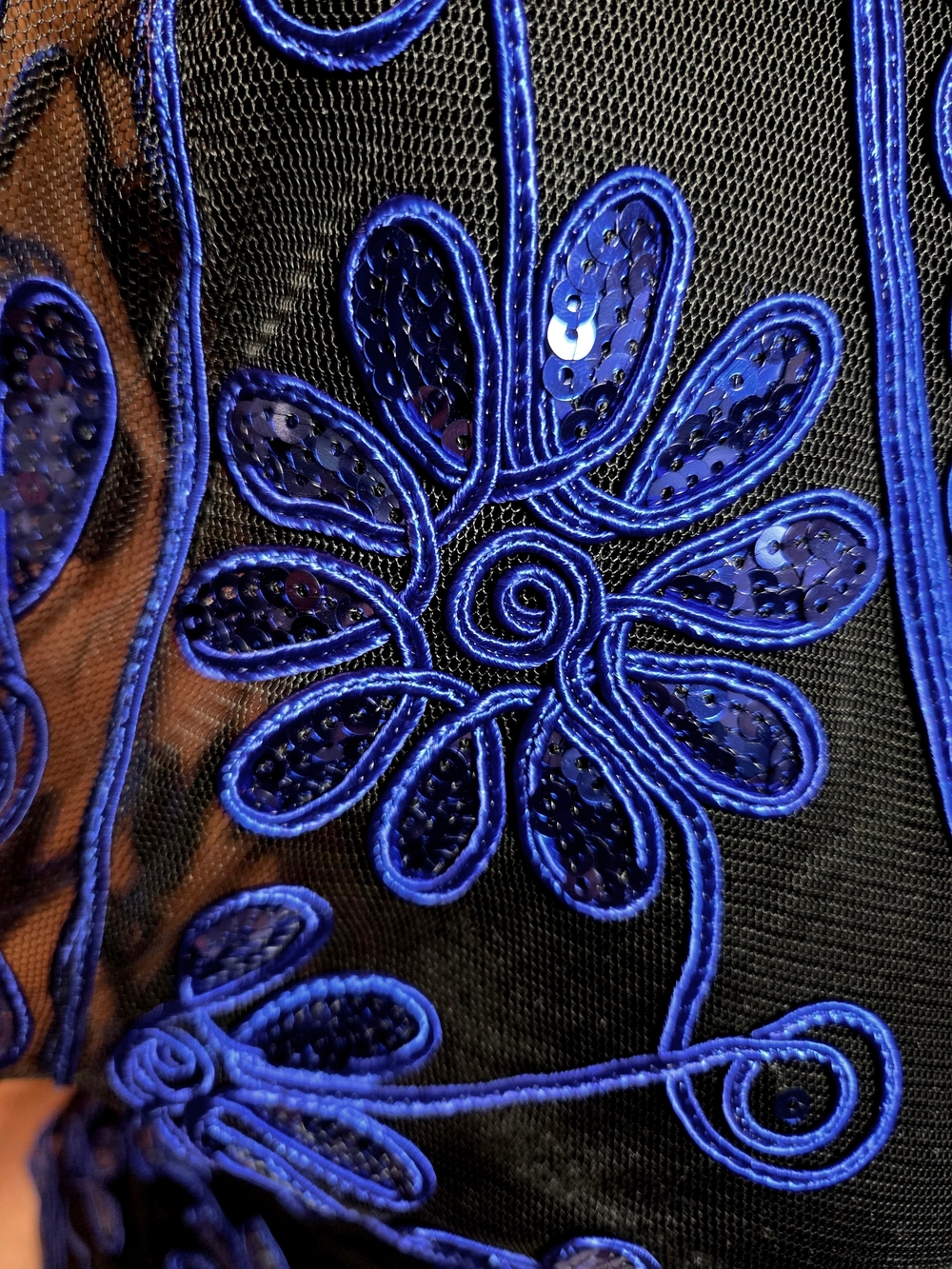 Sheer Floral Embroidered V-Neck Blouse Cobalt Blue Floral With Black Mesh - Picture 5 of 10